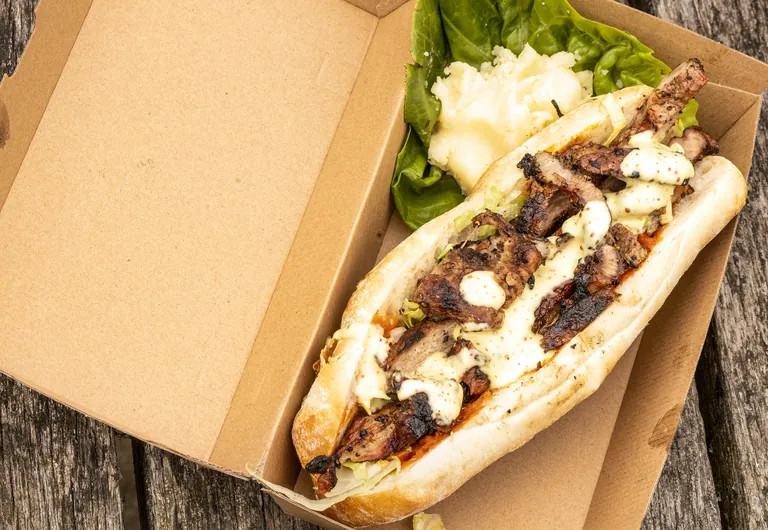 Long roll filled with grilled Balkan meat, onions and sauce